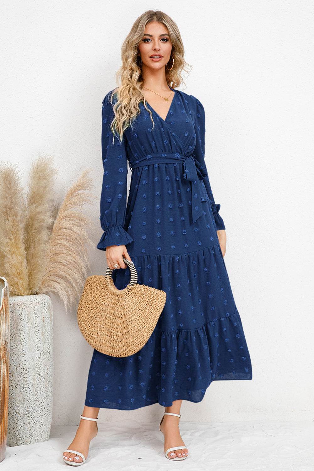 Swiss Dot Tied Waist Surplice Flounce Sleeve Midi Dress - MARIGOLD 