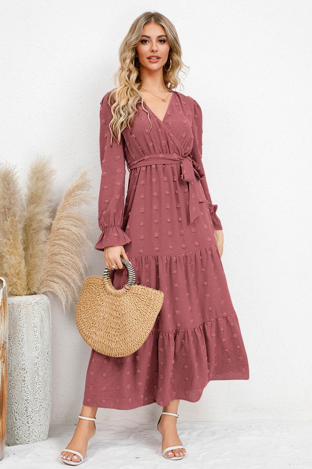 Swiss Dot Tied Waist Surplice Flounce Sleeve Midi Dress - MARIGOLD 