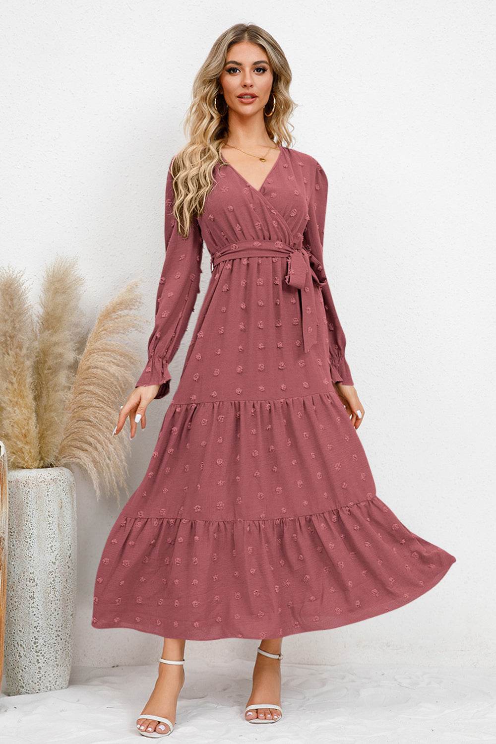 Swiss Dot Tied Waist Surplice Flounce Sleeve Midi Dress - MARIGOLD 