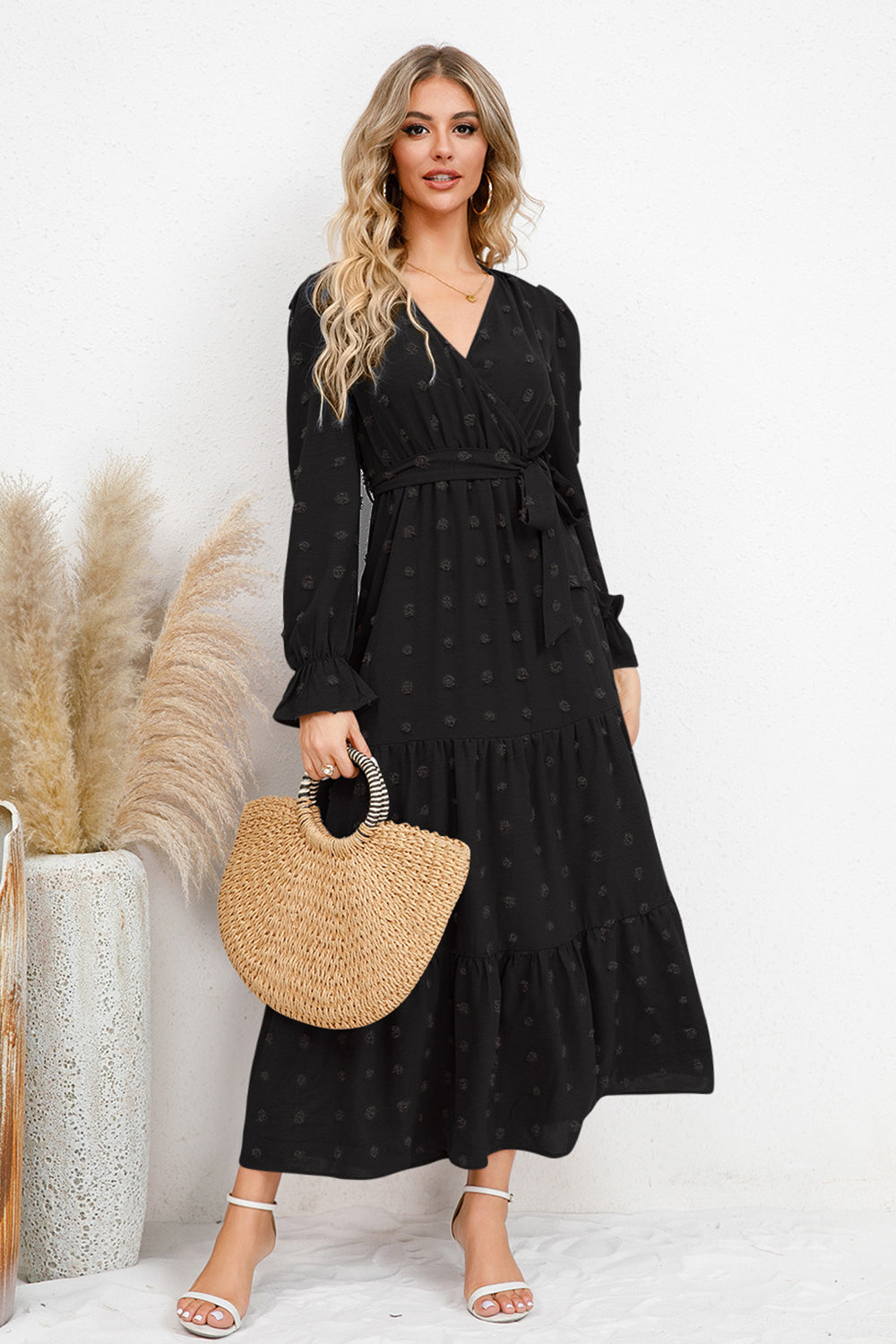 Swiss Dot Tied Waist Surplice Flounce Sleeve Midi Dress - MARIGOLD 