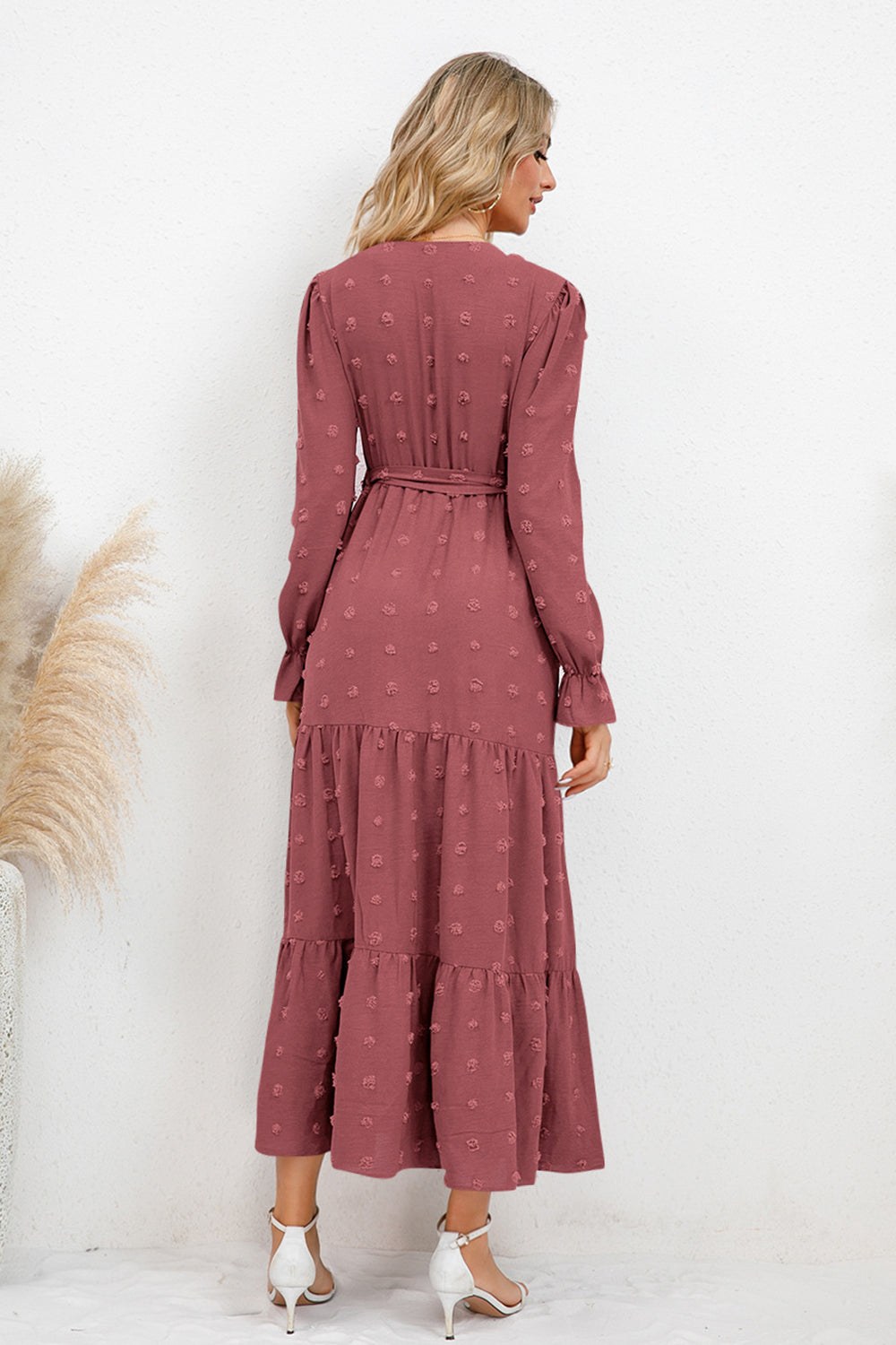 Swiss Dot Tied Waist Surplice Flounce Sleeve Midi Dress - MARIGOLD 