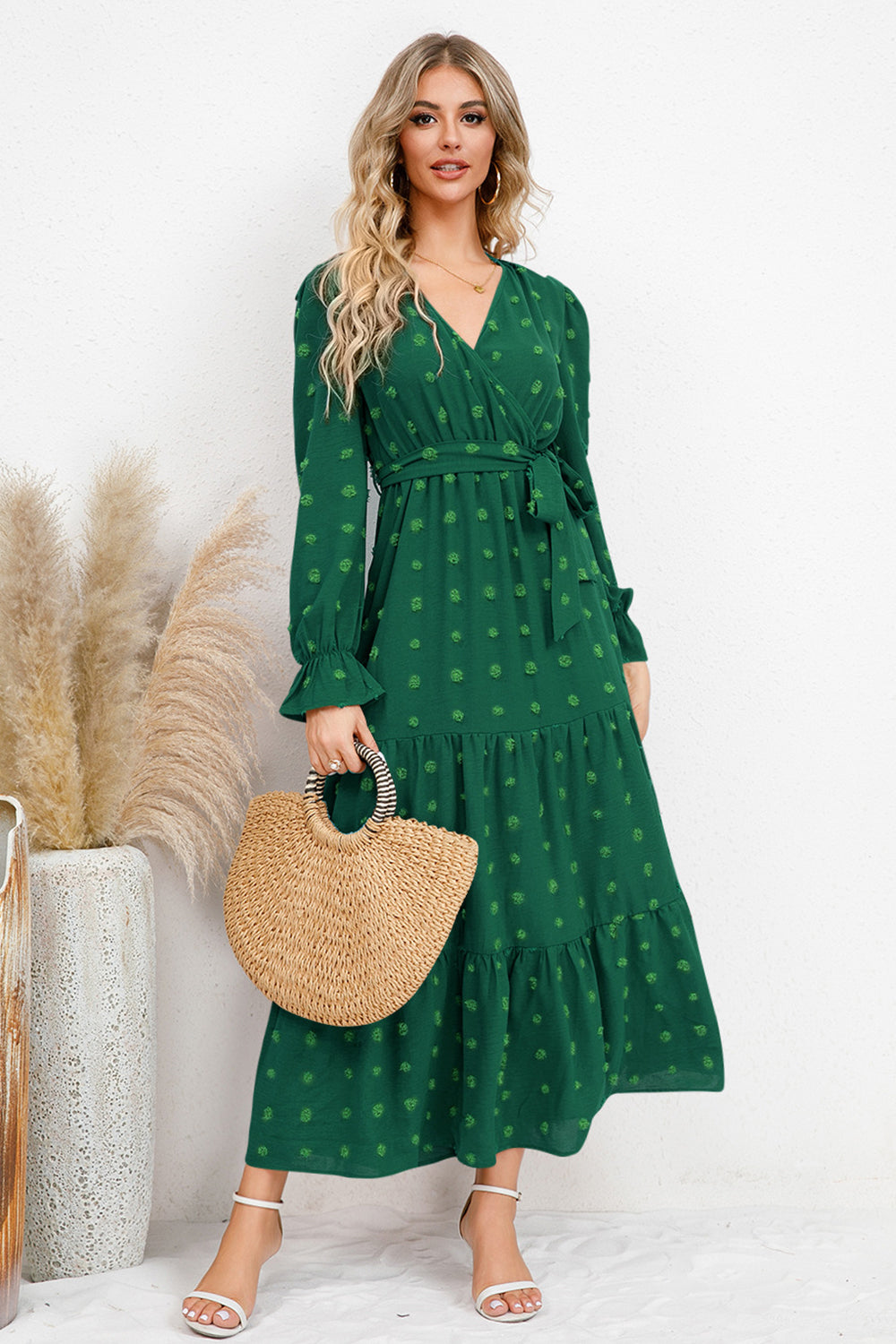 Swiss Dot Tied Waist Surplice Flounce Sleeve Midi Dress - MARIGOLD 