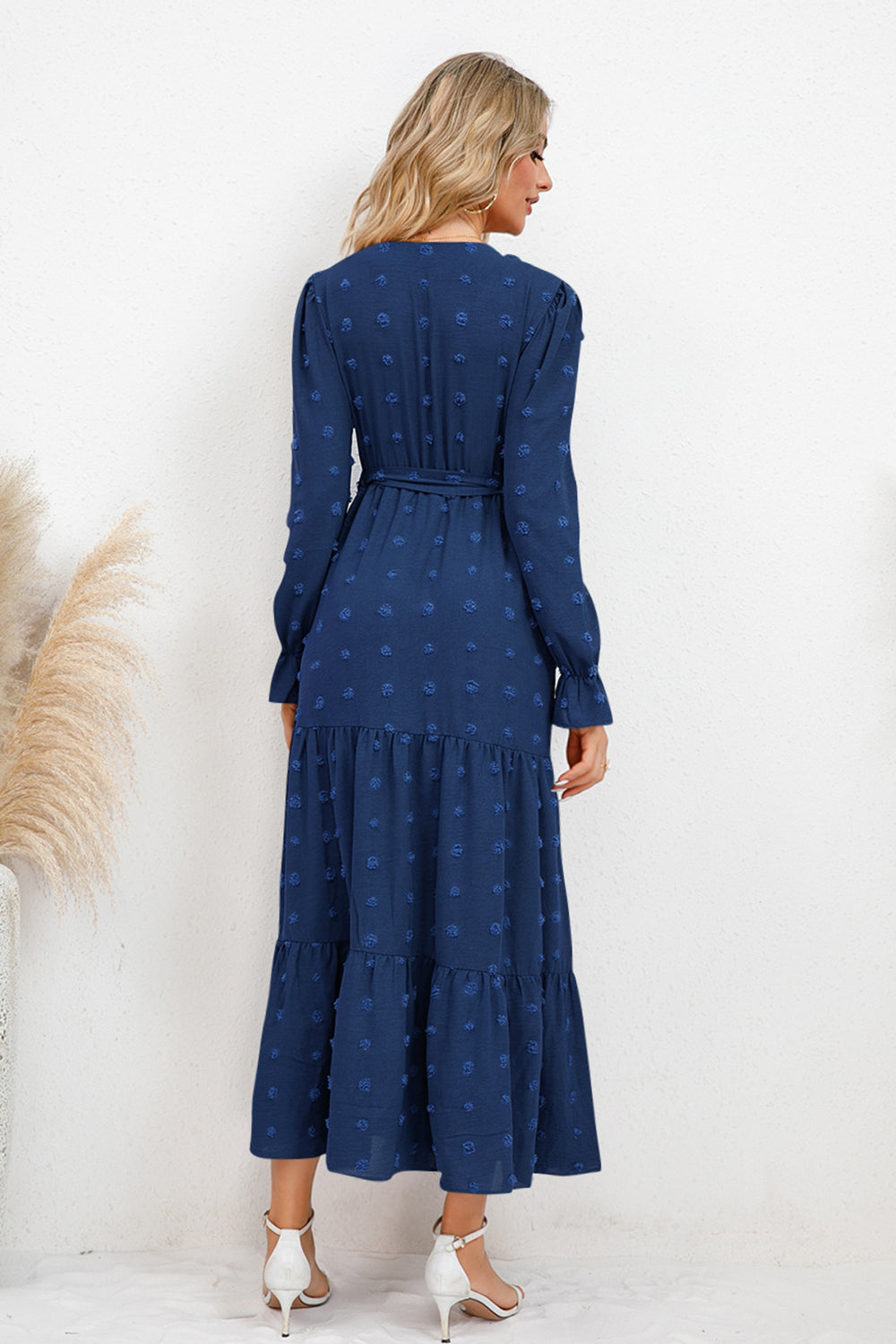 Swiss Dot Tied Waist Surplice Flounce Sleeve Midi Dress - MARIGOLD 