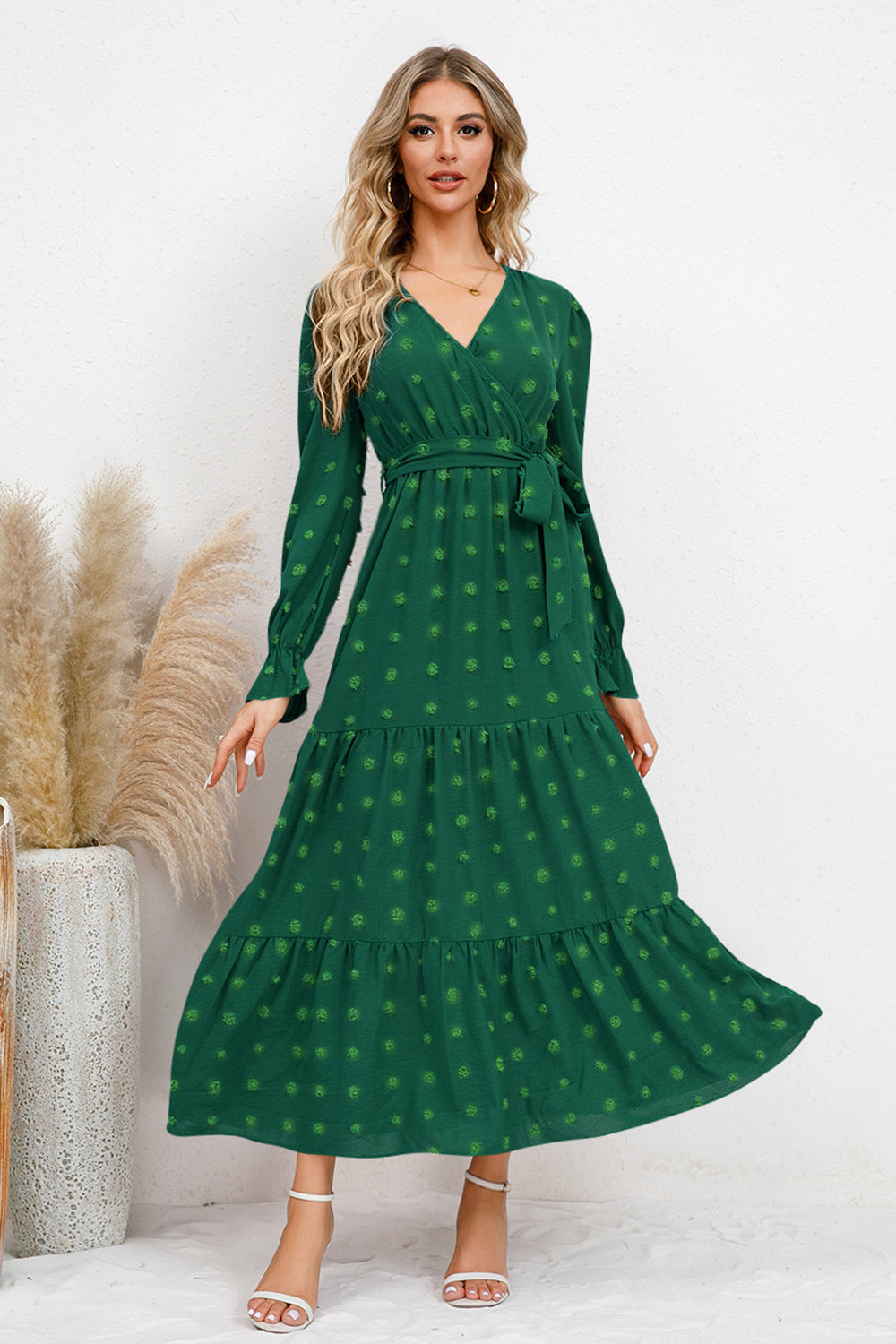 Swiss Dot Tied Waist Surplice Flounce Sleeve Midi Dress - MARIGOLD 