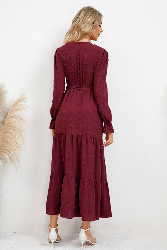Swiss Dot Tied Waist Surplice Flounce Sleeve Midi Dress - MARIGOLD 