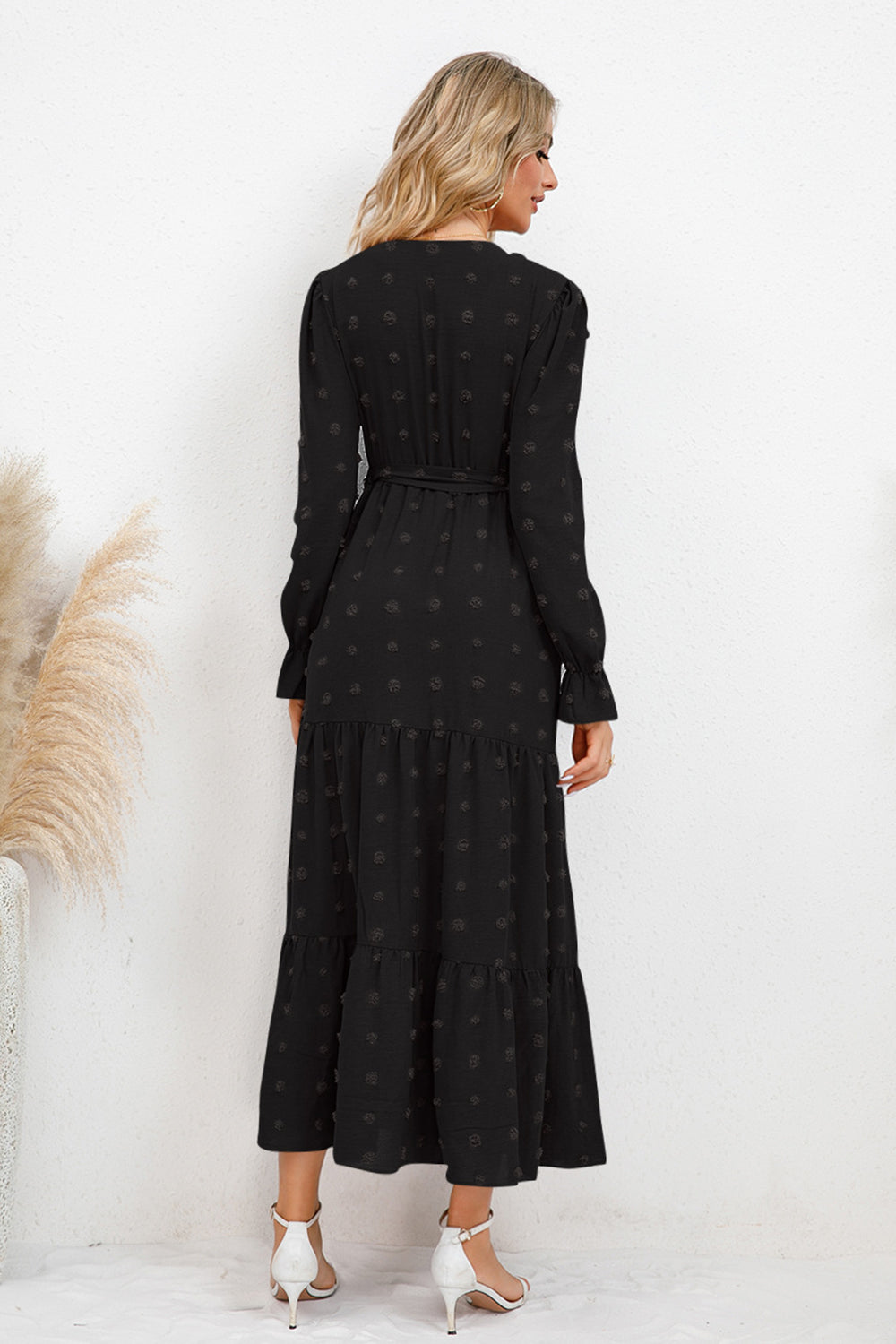 Swiss Dot Tied Waist Surplice Flounce Sleeve Midi Dress - MARIGOLD 