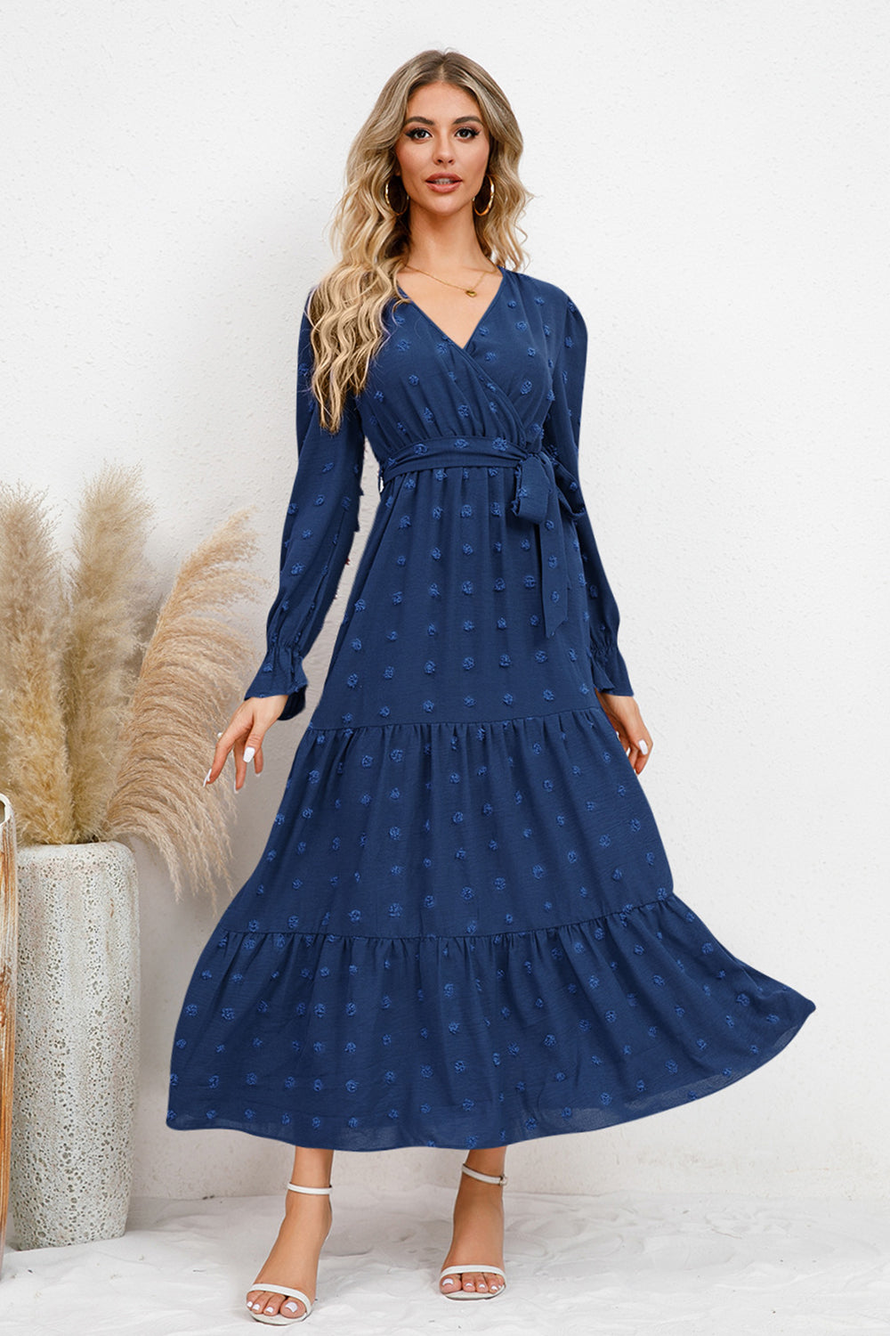 Swiss Dot Tied Waist Surplice Flounce Sleeve Midi Dress - MARIGOLD 