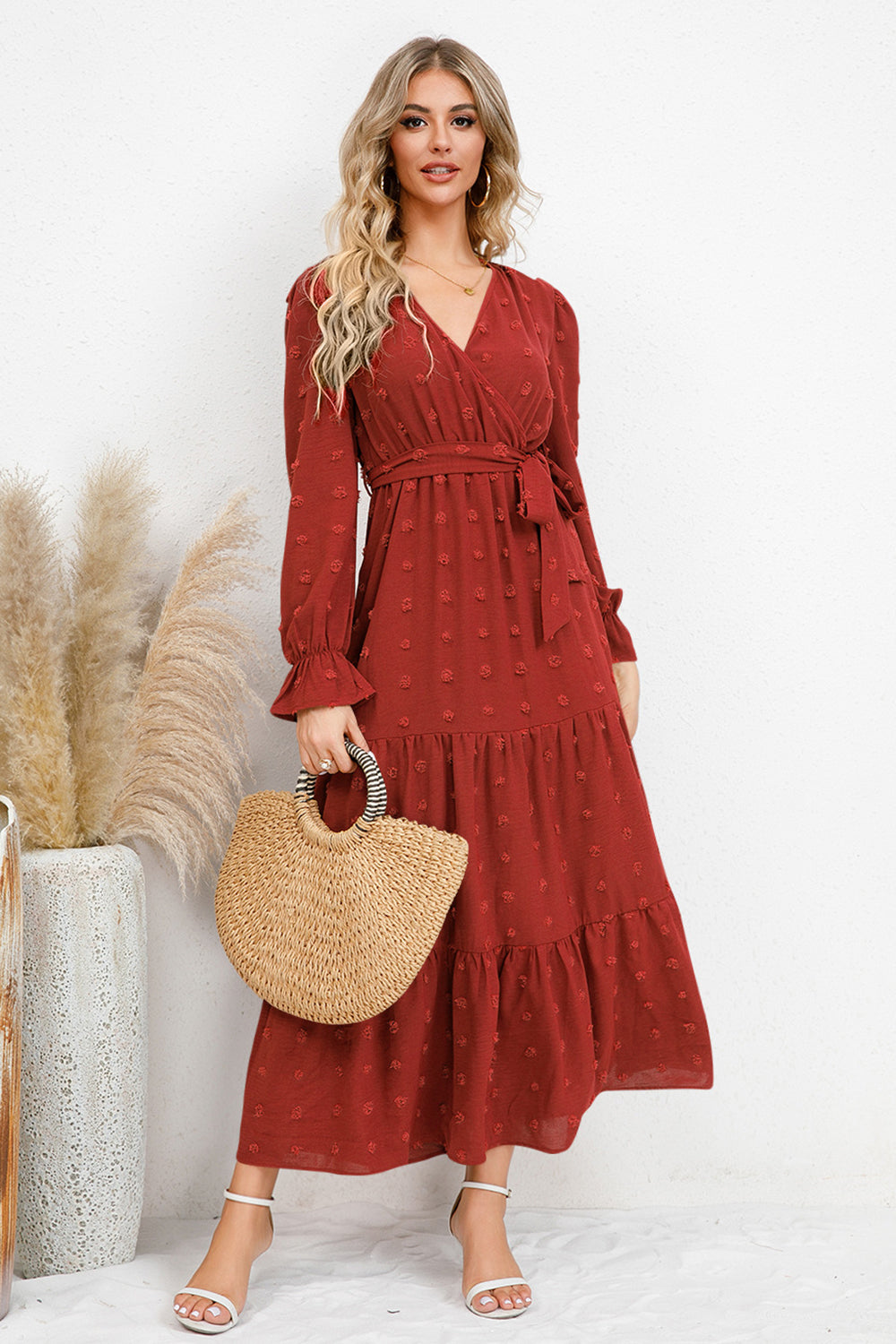 Swiss Dot Tied Waist Surplice Flounce Sleeve Midi Dress - MARIGOLD 