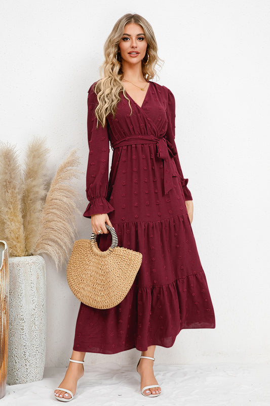 Swiss Dot Tied Waist Surplice Flounce Sleeve Midi Dress - MARIGOLD 