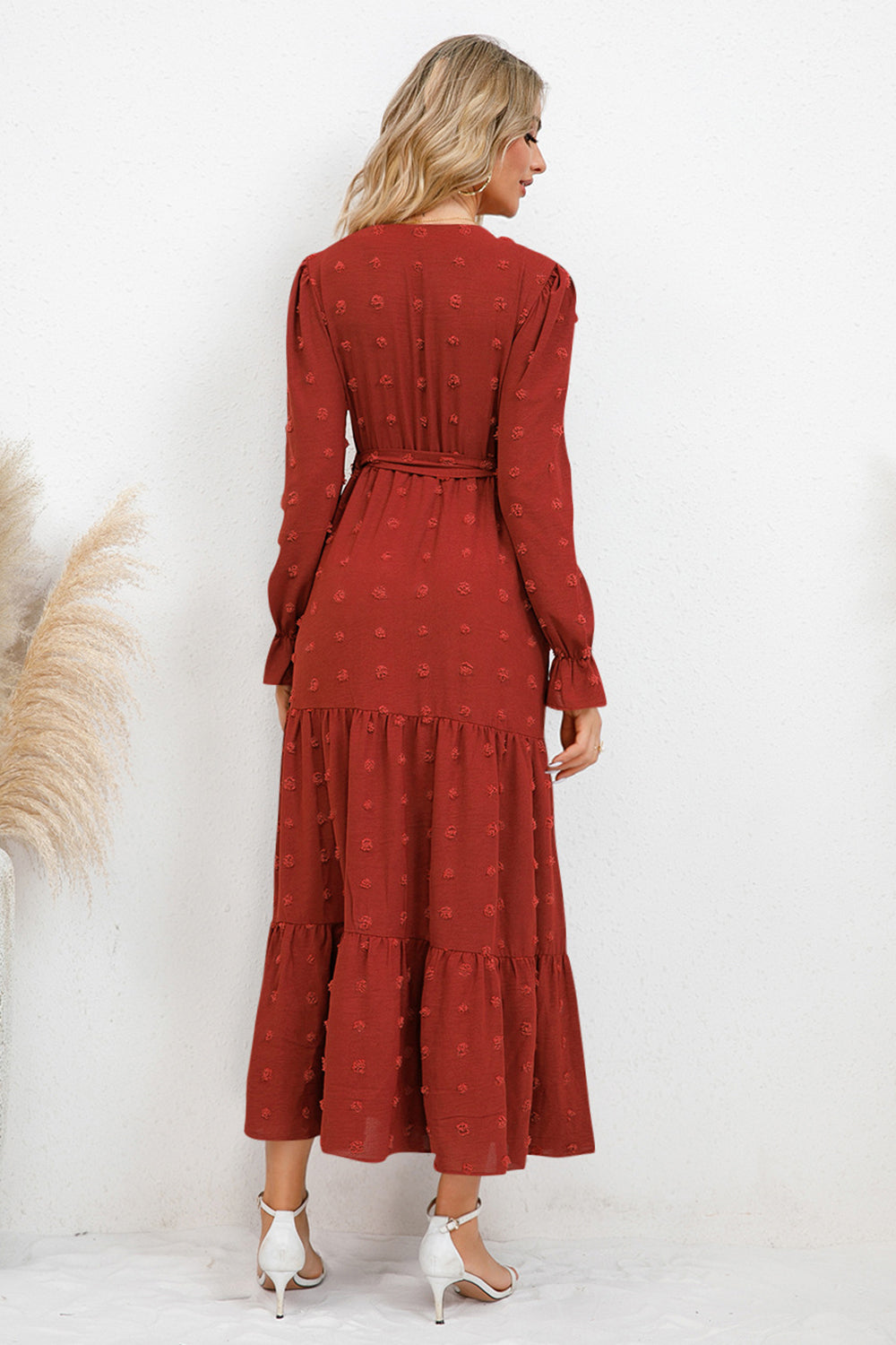 Swiss Dot Tied Waist Surplice Flounce Sleeve Midi Dress - MARIGOLD 