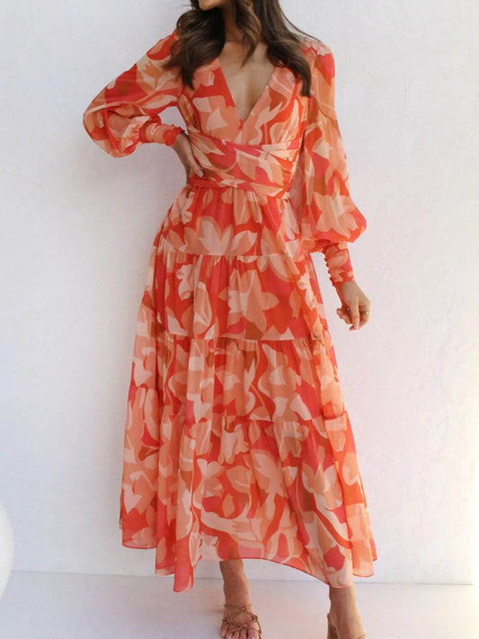 Floral Print Lantern Sleeve Midi Dress - MARIGOLD 