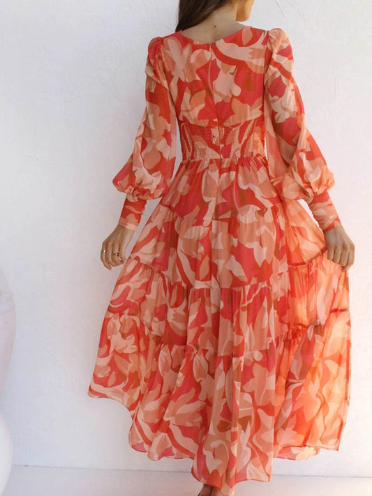 Floral Print Lantern Sleeve Midi Dress - MARIGOLD 