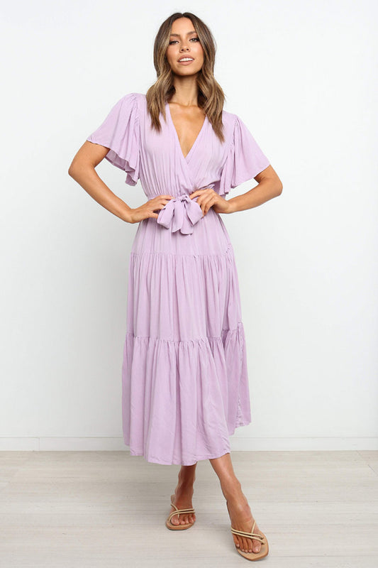 Angel Sleeve Tied Waist Midi Dress - MARIGOLD 