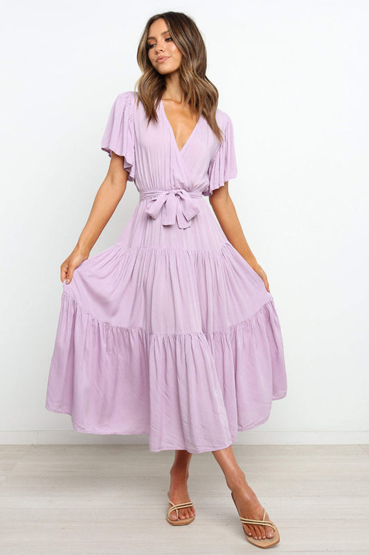 Angel Sleeve Tied Waist Midi Dress - MARIGOLD 