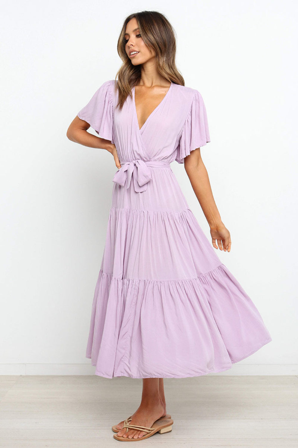 Angel Sleeve Tied Waist Midi Dress - MARIGOLD 