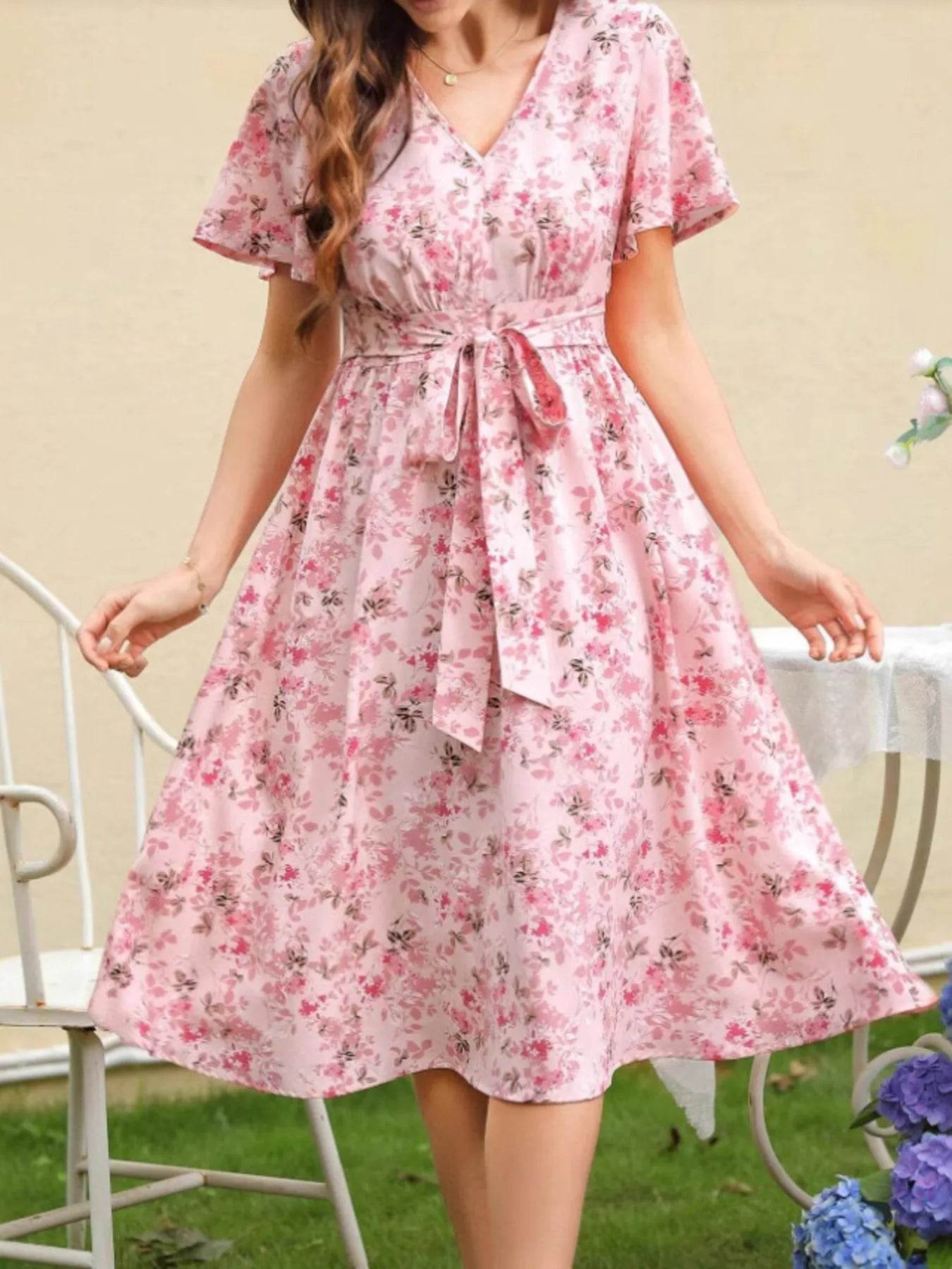 Floral Print V-Neck Belted Midi Dress - MARIGOLD 