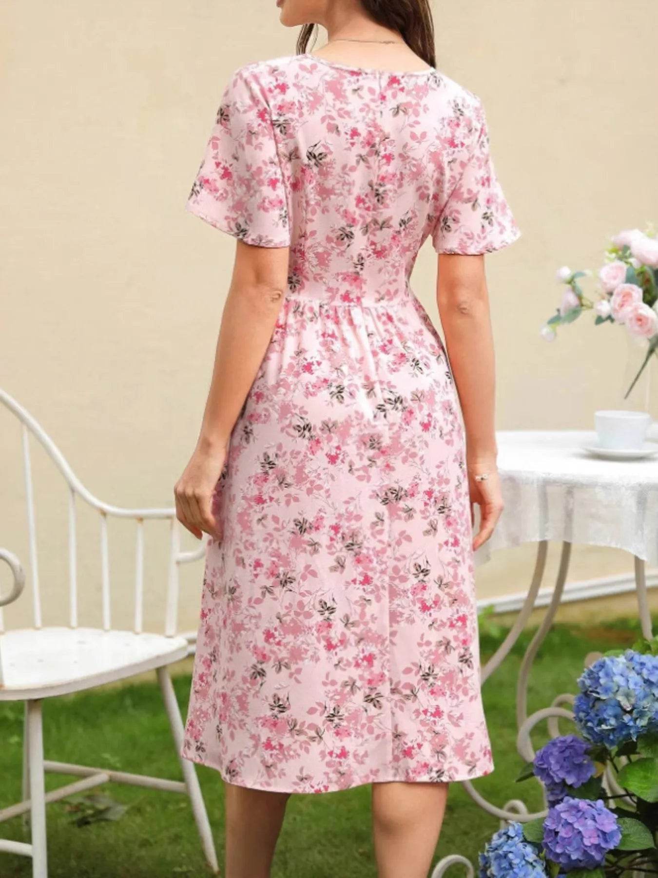 Floral Print V-Neck Belted Midi Dress - MARIGOLD 