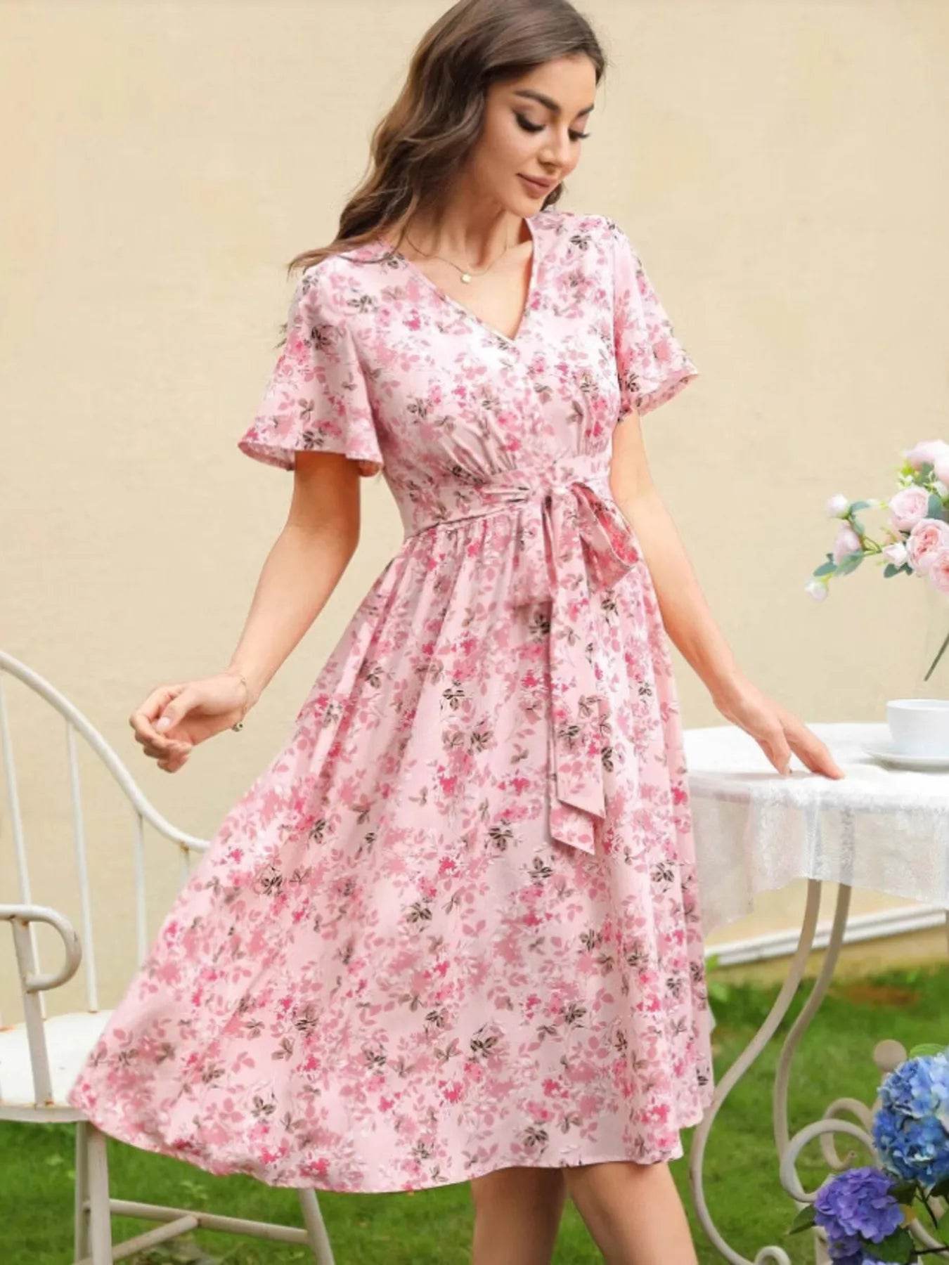 Floral Print V-Neck Belted Midi Dress - MARIGOLD 