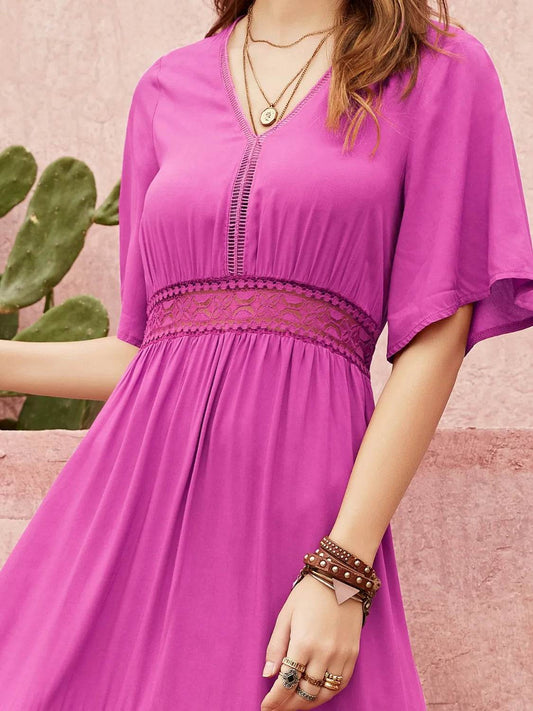 Angel Sleeve Lace Waist Midi Dress - MARIGOLD 