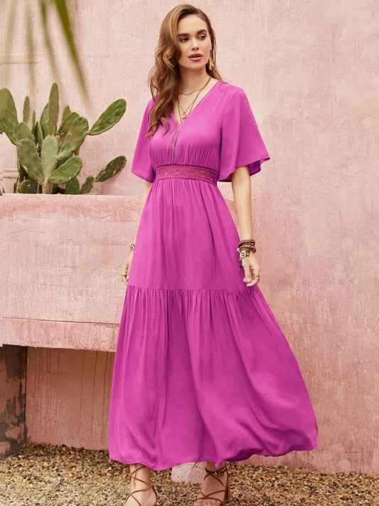 Angel Sleeve Lace Waist Midi Dress - MARIGOLD 