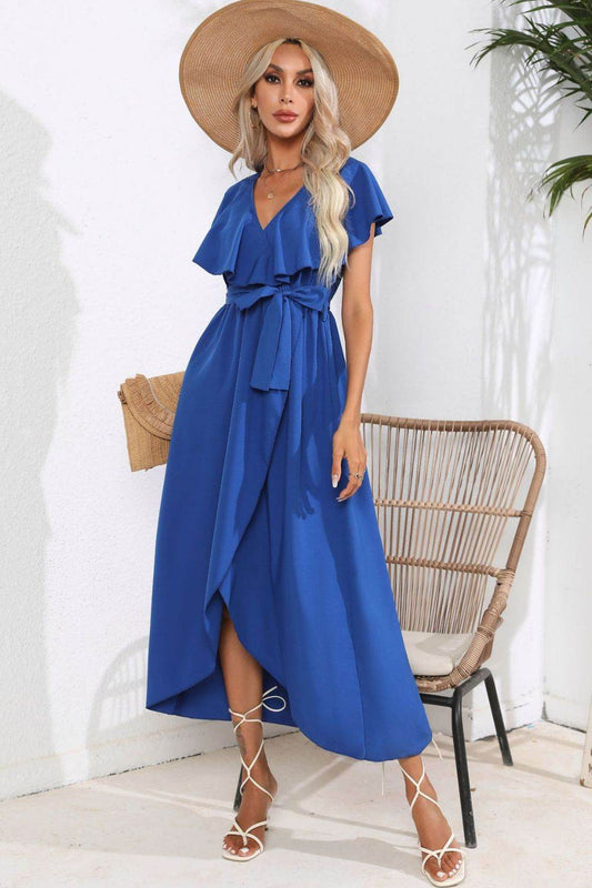 Waist-Tied Ruffled Neckline Short Sleeve Midi Dress - MARIGOLD 
