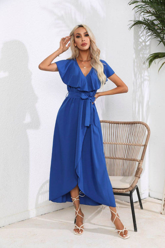 Waist-Tied Ruffled Neckline Short Sleeve Midi Dress - MARIGOLD 