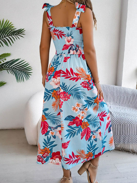 Floral Tie-Shoulder Midi Dress with Smocked Bodice - MARIGOLD 