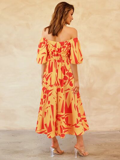 Abstract Print Off-Shoulder Balloon Sleeve Midi Dress - MARIGOLD 
