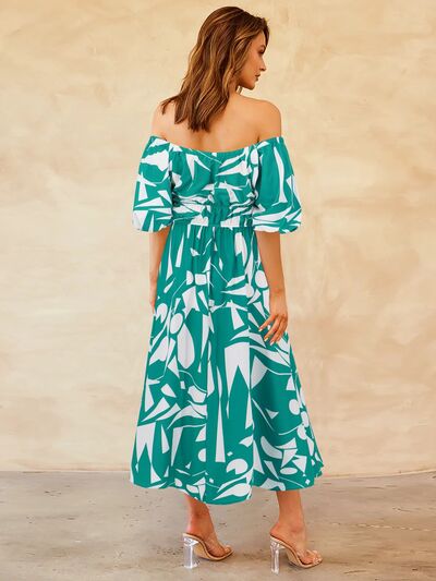 Abstract Print Off-Shoulder Balloon Sleeve Midi Dress - MARIGOLD 