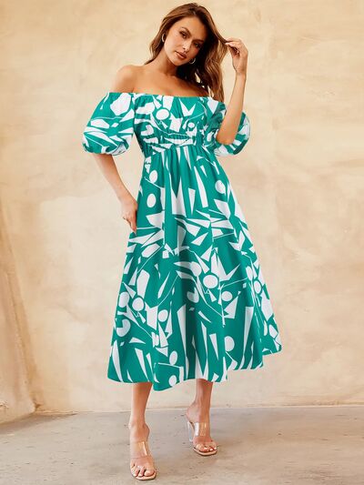 Abstract Print Off-Shoulder Balloon Sleeve Midi Dress - MARIGOLD 