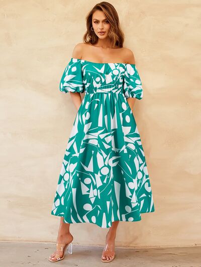 Abstract Print Off-Shoulder Balloon Sleeve Midi Dress - MARIGOLD 