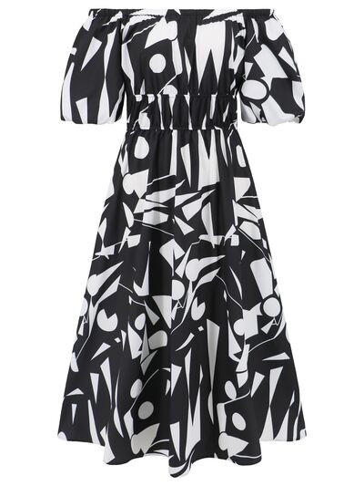Abstract Print Off-Shoulder Balloon Sleeve Midi Dress - MARIGOLD 