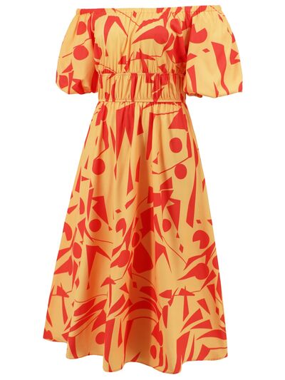 Abstract Print Off-Shoulder Balloon Sleeve Midi Dress - MARIGOLD 