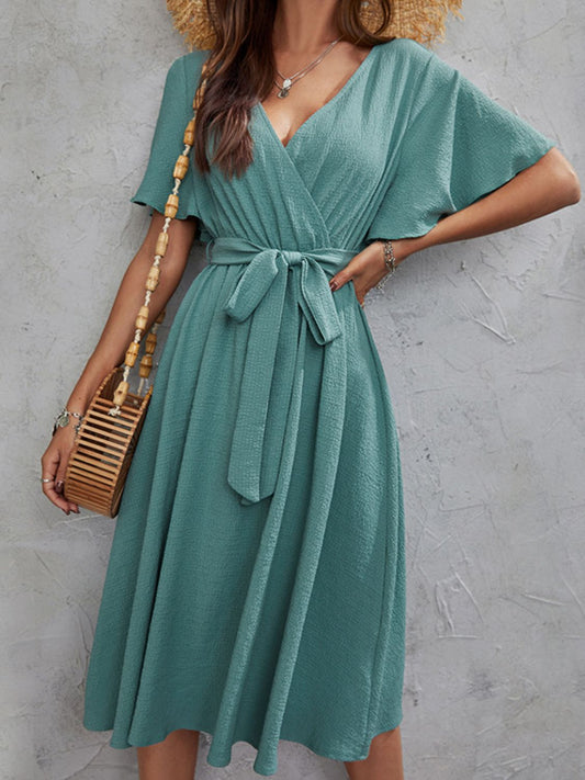Surplice Flutter Sleeve Midi Dress - MARIGOLD 