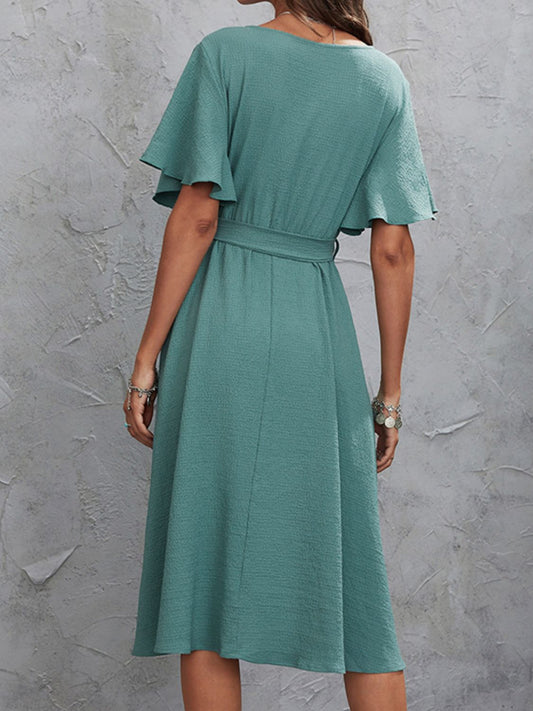 Surplice Flutter Sleeve Midi Dress - MARIGOLD 