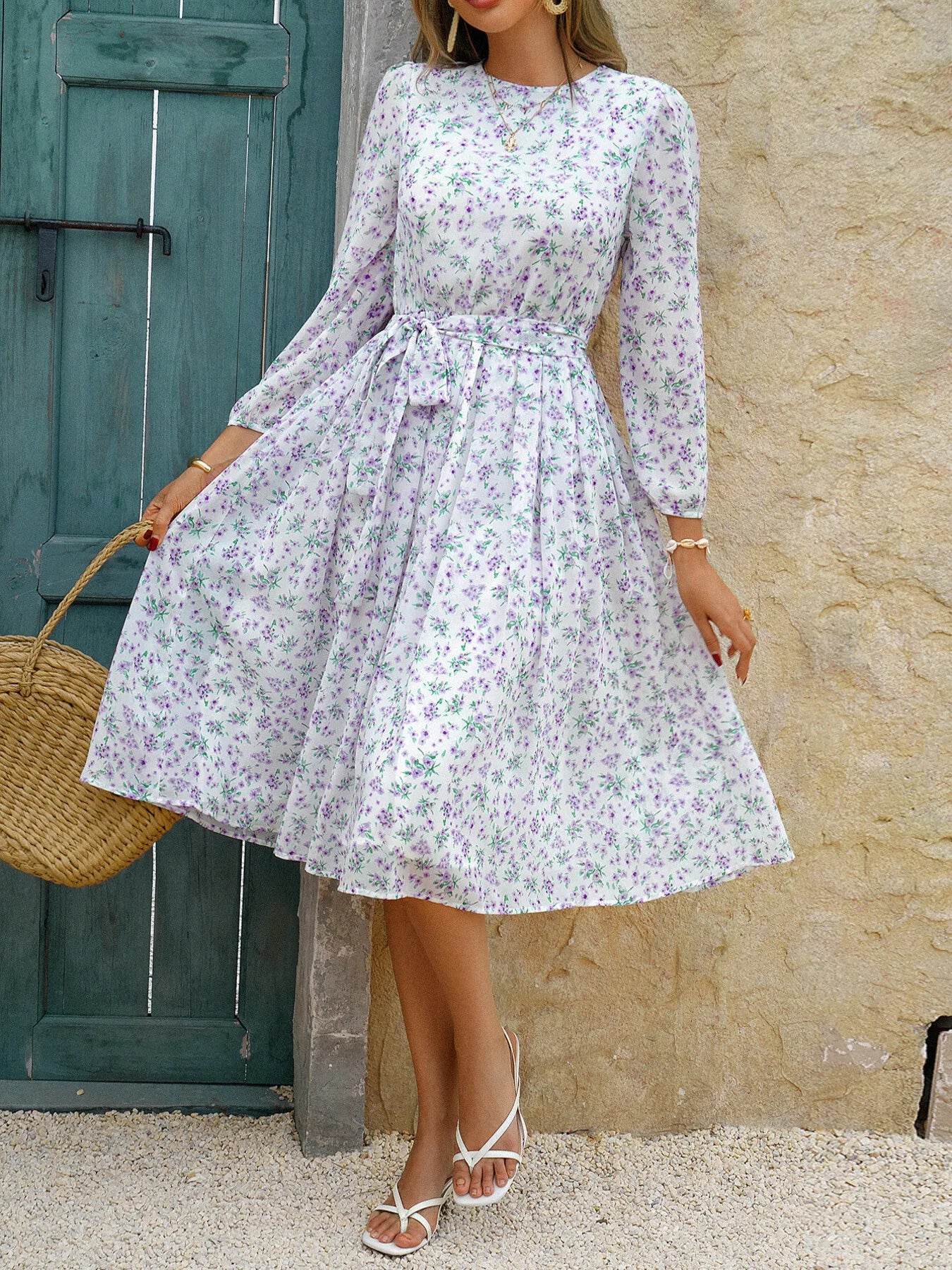 Long Sleeve Midi Dress with Waist Tie - MARIGOLD 