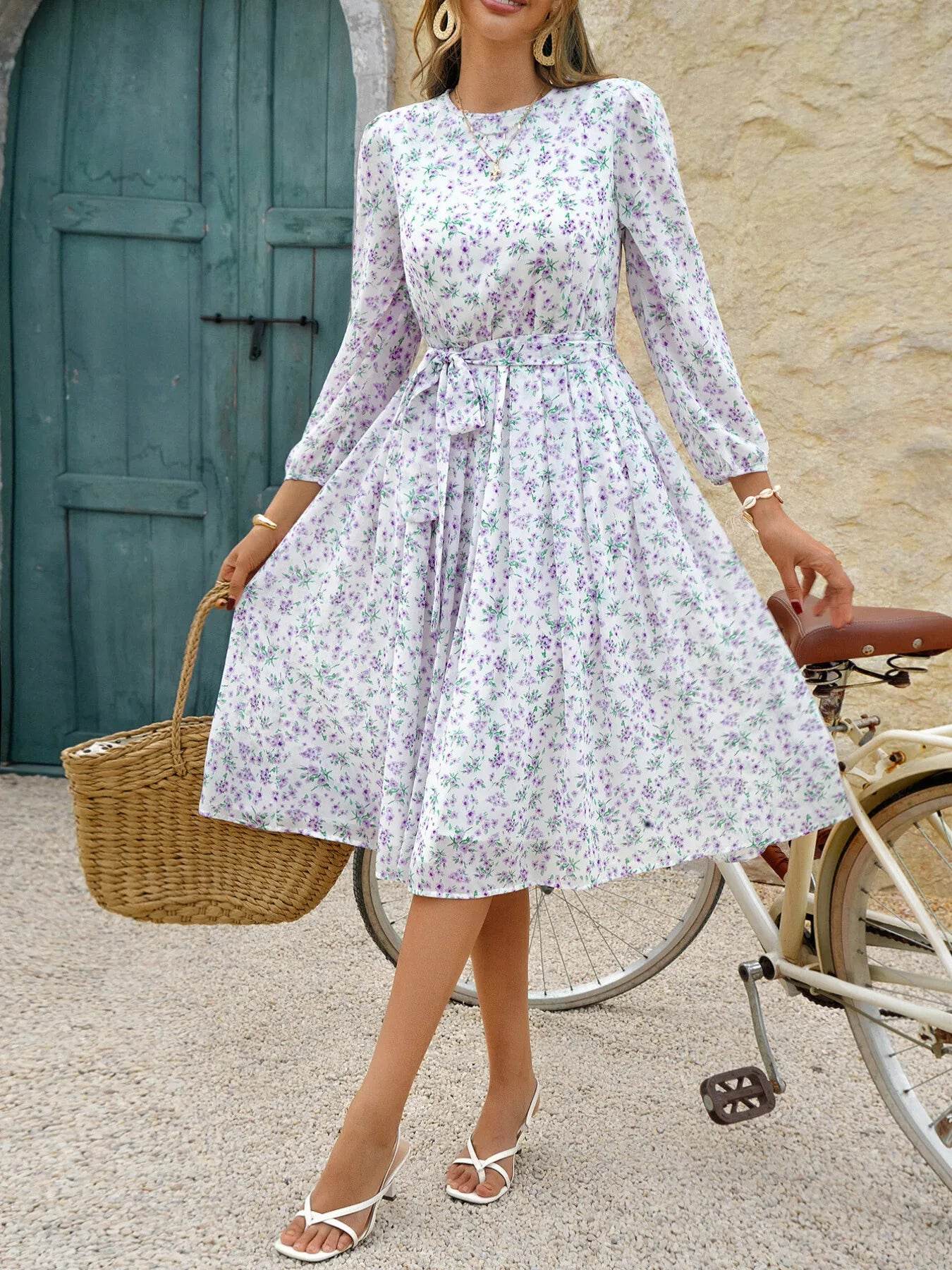 Long Sleeve Midi Dress with Waist Tie - MARIGOLD 