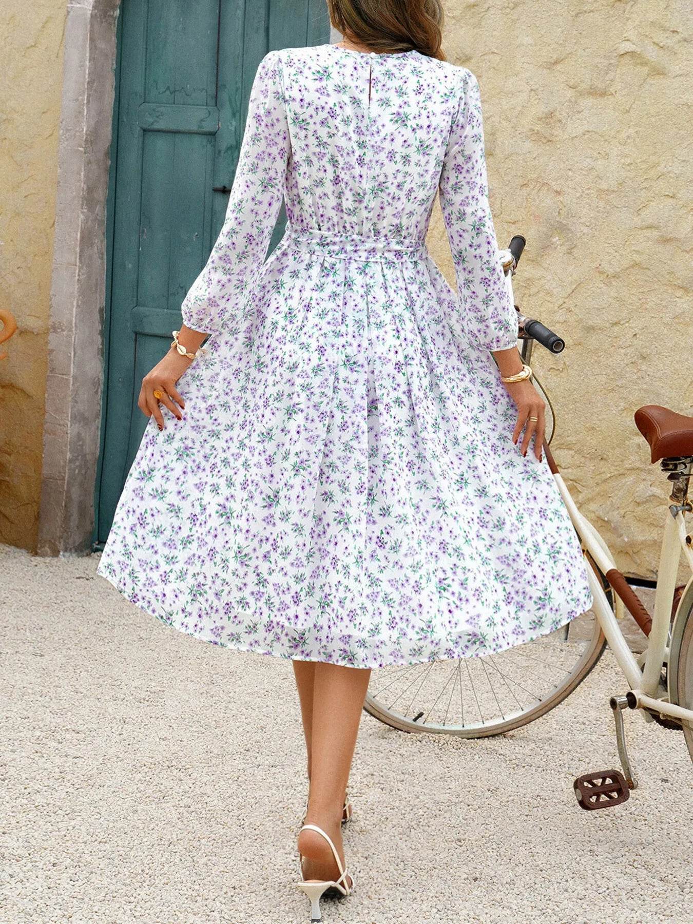 Long Sleeve Midi Dress with Waist Tie - MARIGOLD 