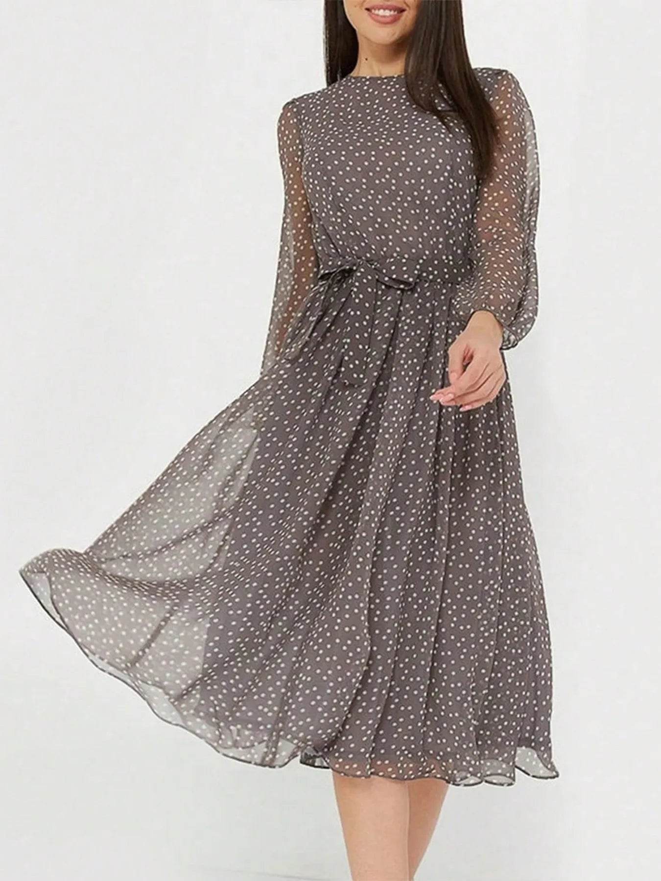 Long Sleeve Midi Dress with Waist Tie - MARIGOLD 