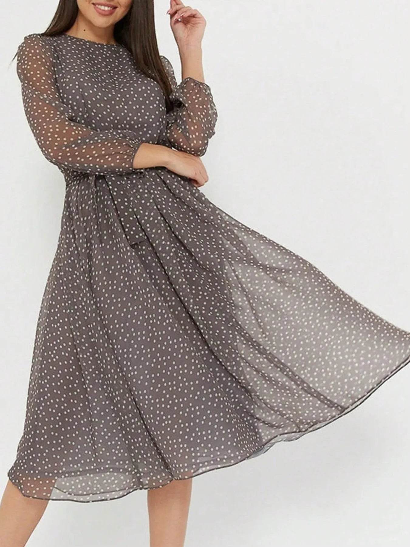 Long Sleeve Midi Dress with Waist Tie - MARIGOLD 