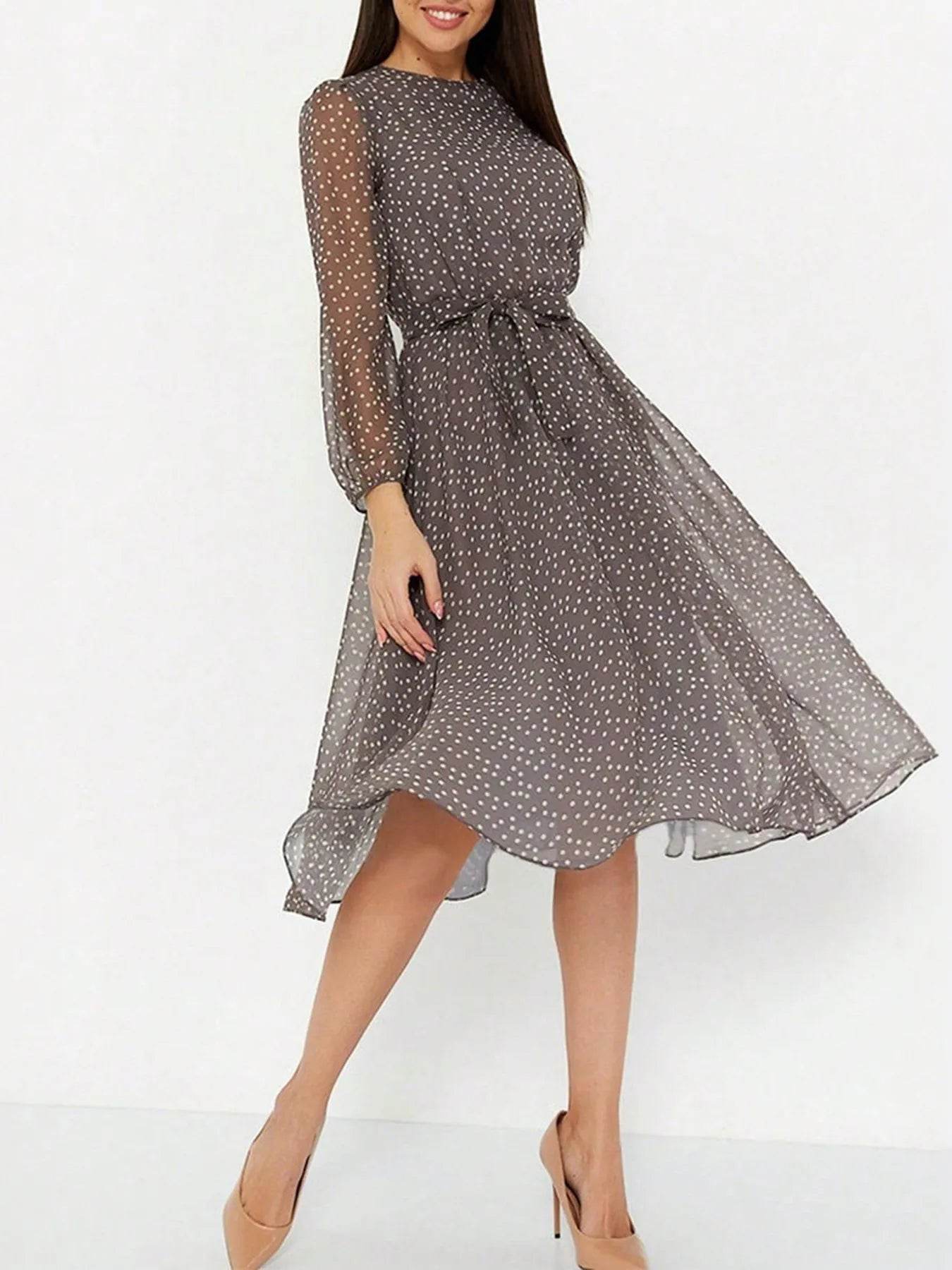 Long Sleeve Midi Dress with Waist Tie - MARIGOLD 