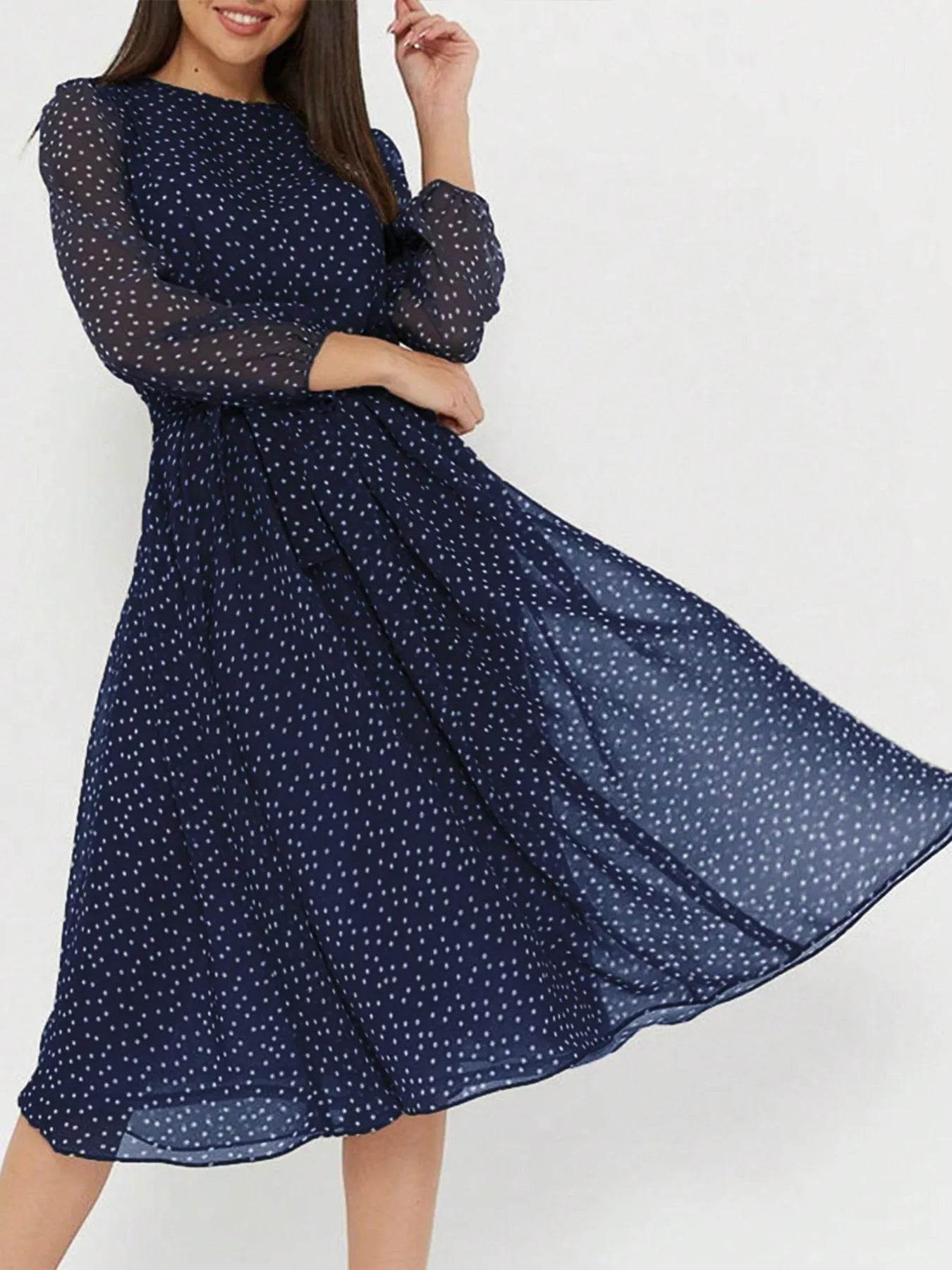 Long Sleeve Midi Dress with Waist Tie - MARIGOLD 