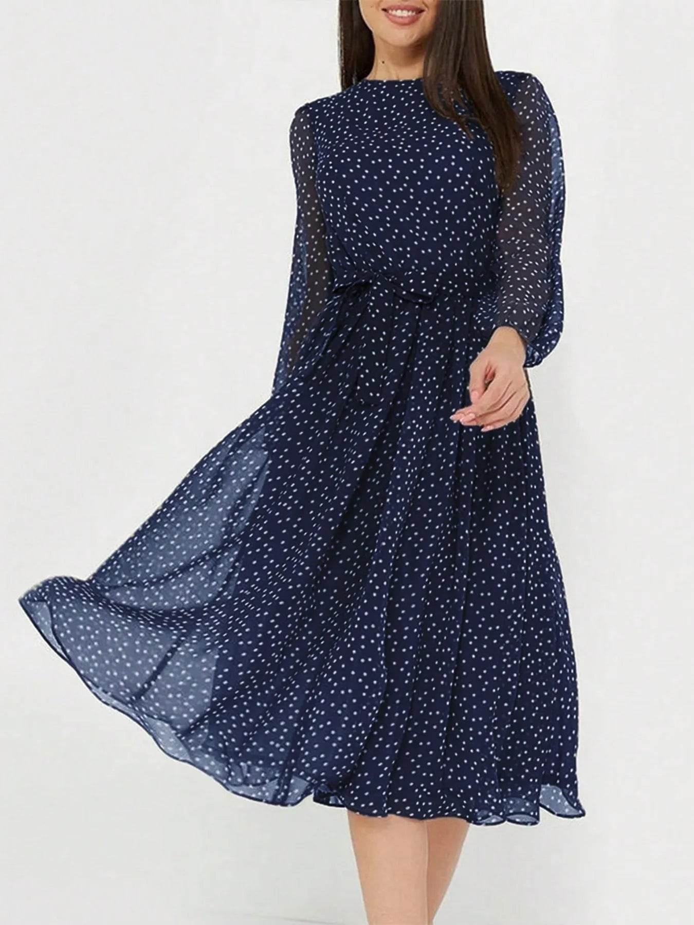 Long Sleeve Midi Dress with Waist Tie - MARIGOLD 