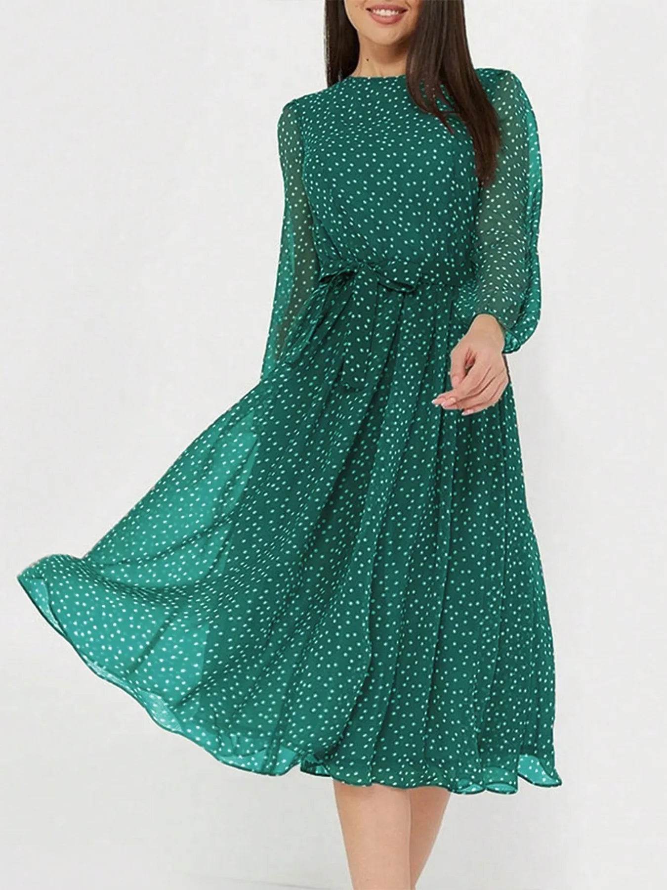 Long Sleeve Midi Dress with Waist Tie - MARIGOLD 