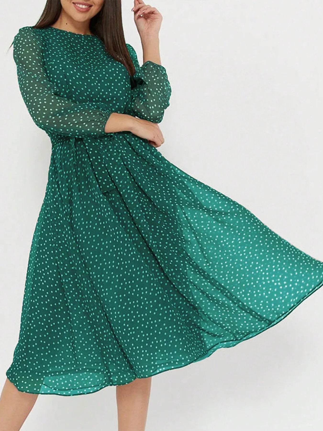 Long Sleeve Midi Dress with Waist Tie - MARIGOLD 