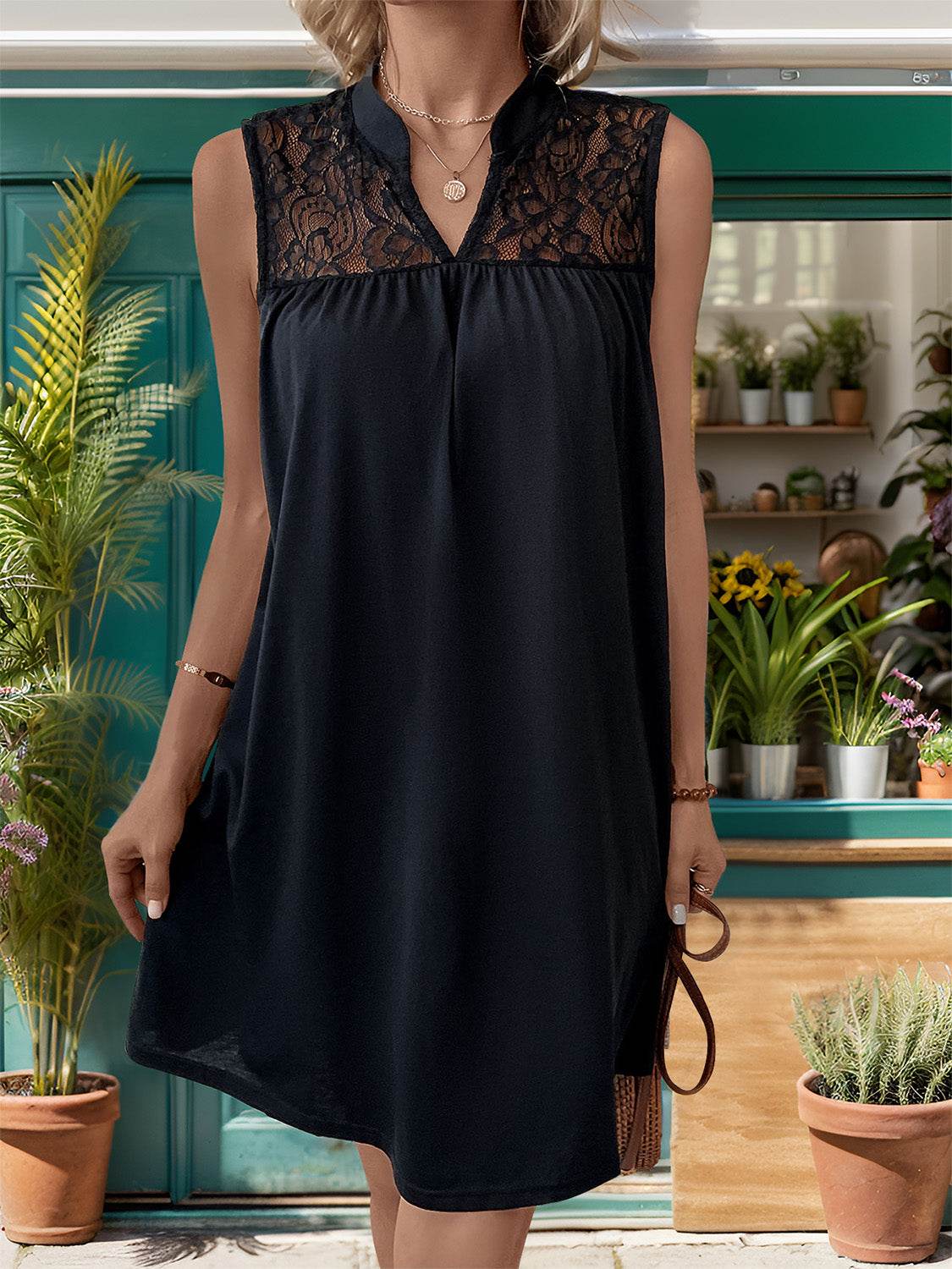 Perfee Lace Detail Notched Sleeveless Mini Dress - MARIGOLD 
