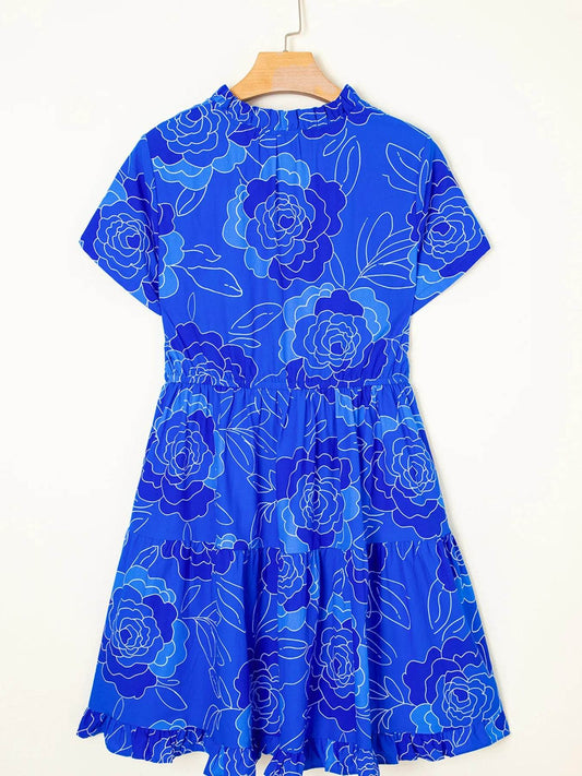 Blue Floral Ruffle Hem Mini Dress - MARIGOLD 