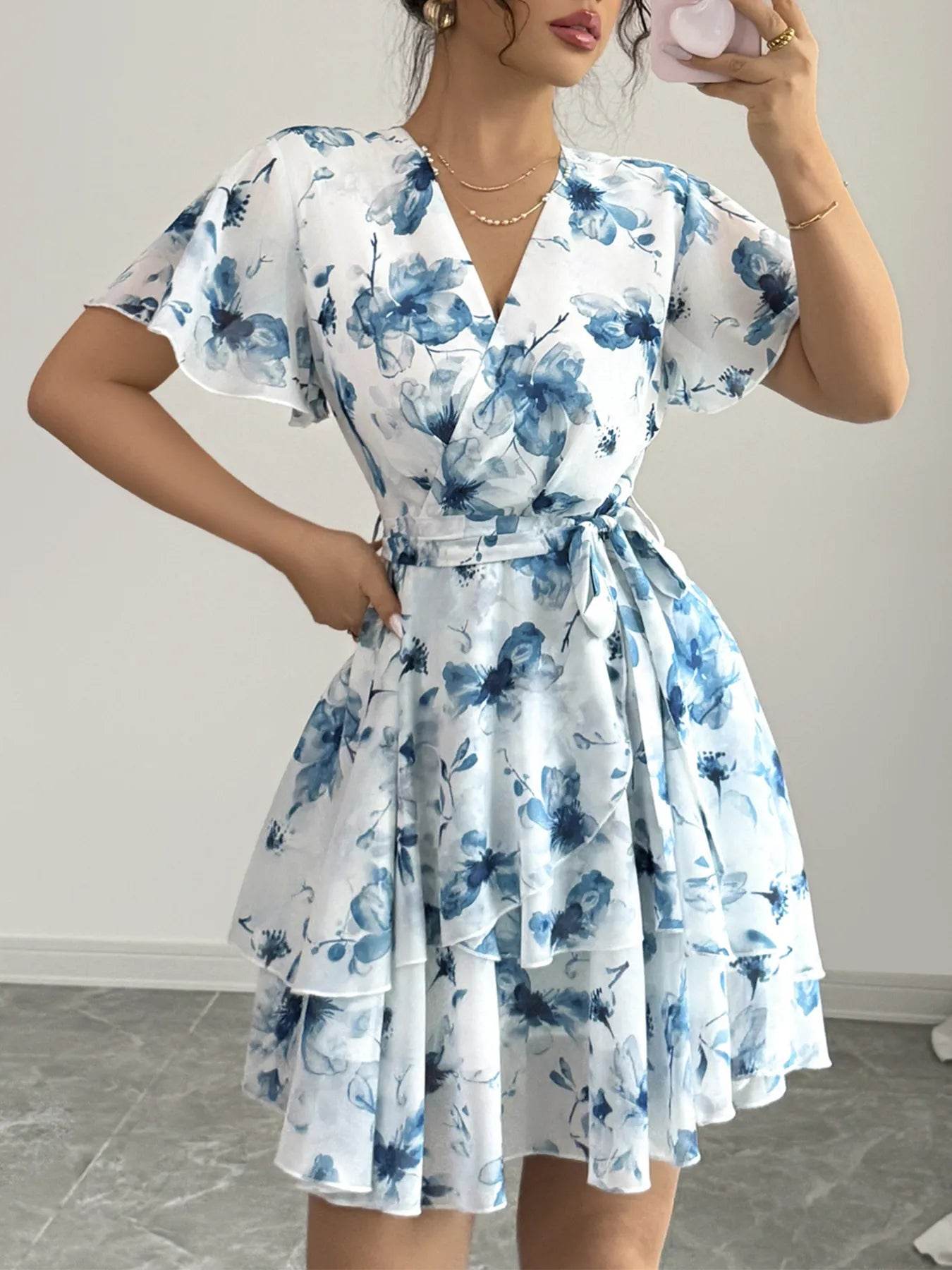 Floral Print Surplice Layered Mini Dress - MARIGOLD 