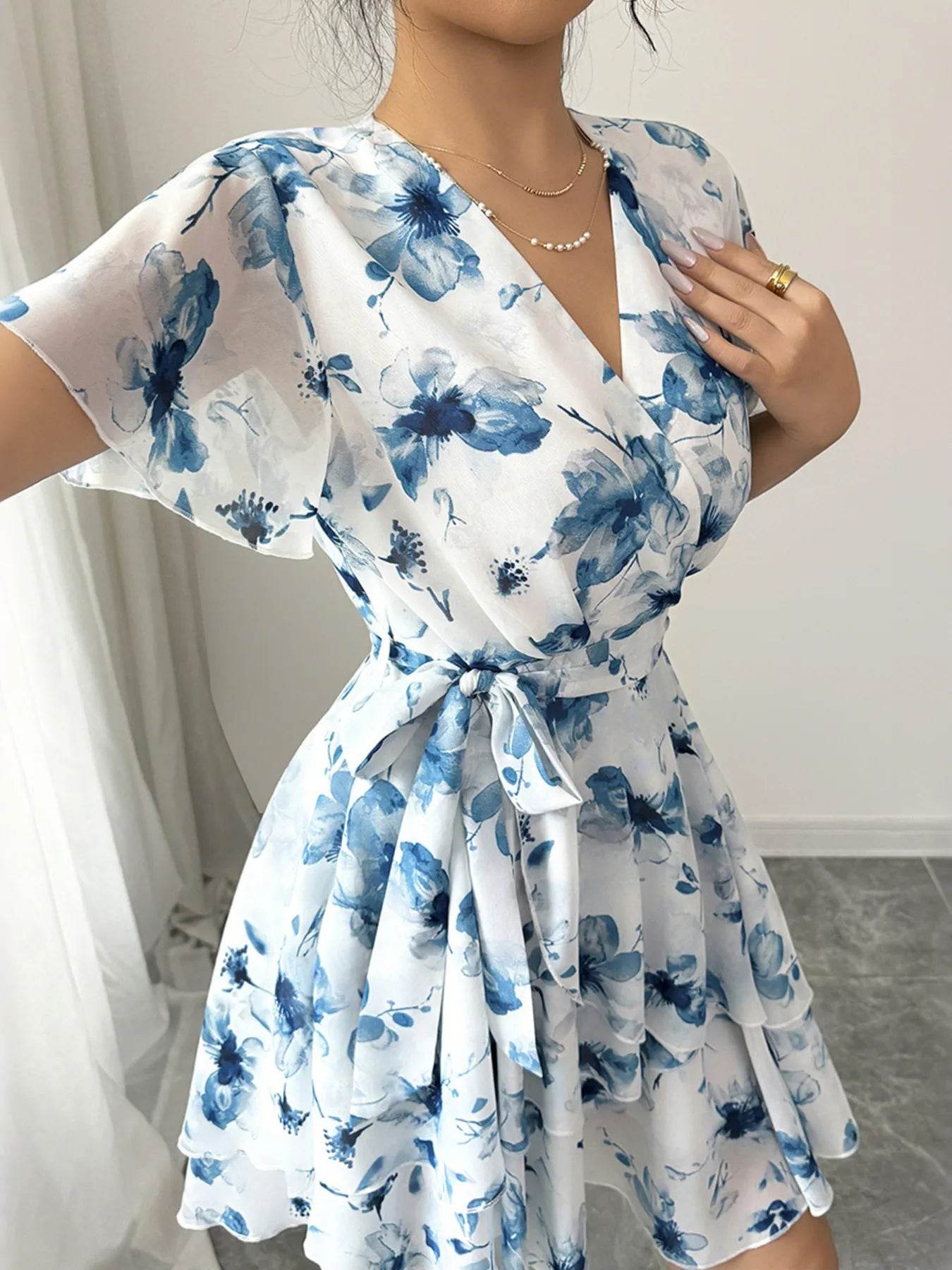 Floral Print Surplice Layered Mini Dress - MARIGOLD 