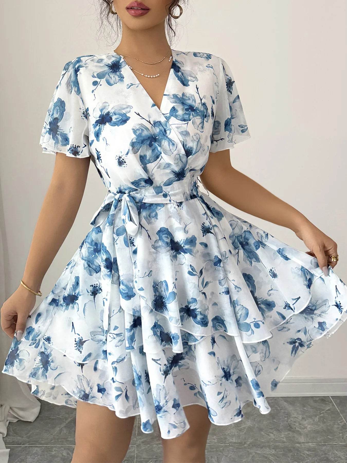 Floral Print Surplice Layered Mini Dress - MARIGOLD 